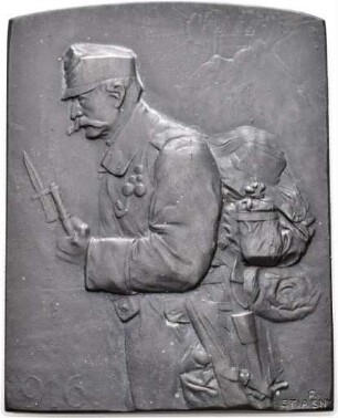 Einseitige Medaille von Franz Stiasny mit Abbildung eines Soldaten in den Bergen, 1916