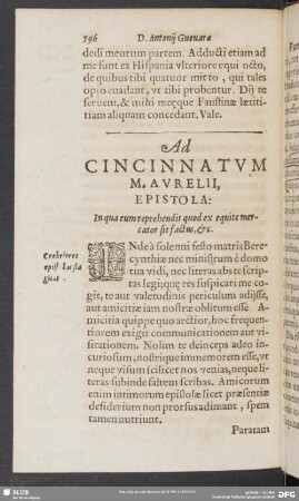 Ad Cincinnatium M. Aurelii, Epistola In qua eum reprehendit quod ex equite mercator sit factus, &c.