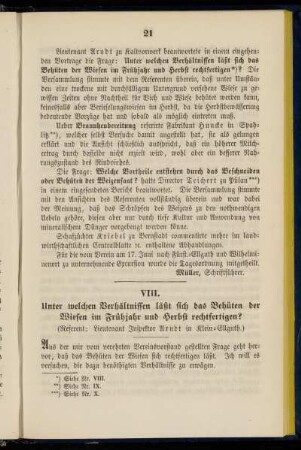 VIII. Unter welchen Verhältnissen läßt sich das Behüten der Wiesen im Frühjahr und Herbst rechtfertigen?