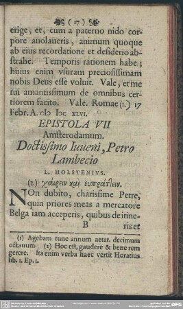 Epistola VII Amsterodamum. Doctissimo Iuveni, Petro Lambecio L. Holstenius