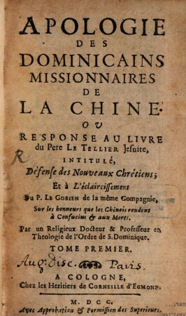 Apologie des Dominicains missionaires de la chine, 1 (1700)