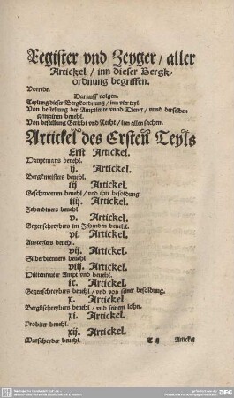 Register und Zeyger aller Artickel / in dieser Bergkordnung begriffen.