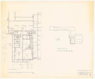 Technische Universität Berlin Elektrotechnische Institute, 2. Bauabschnitt: (Lichtpause von Inv.Nr. 37659): Kellergeschoss und Lagerraum 1:500, 1:100