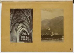 Franziskanerkirche, Liebfrauenkirche und Burg Freundsberg, Schwaz: Kreuzgang Franziskanerkirche, Gesamtansicht mit Liebfrauenkirche und Burg Freundsberg (aus: Skizzen- und Fotoalbum 13)