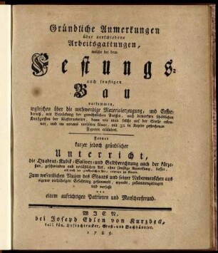 Gründliche Anmerkungen über verschiedene Arbeitsgattungen, welche bei dem Festungs- auch sonstigen Bau vorkommen : ingleichen über die nothwendige Materialerzeugung, und Erforderniß, mit Beirückung der gewöhnlichen Preisen, auch bemerkten schädlichen Kunstgriffen der Klafterarbeiter, dann wie man solche auf der Stelle erkennen, und im voraus verhüten könne, mit 32 in Kupfer gestochenen Figuren erläutert ; Ferner kurzer jedoch gründlicher Unterricht, die Quadrat- Kubik- Soliven- und Geldberechnung nach der kürzesten, geschwinden und verläßlichen Art ... erlernen zu können ...