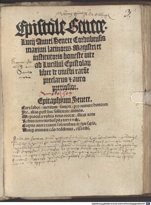 Lucij Annei Senece ... ad Lucillium Epistolaru[m] liber de viuendi ratio[ne] : preclarus et auro pretiosior