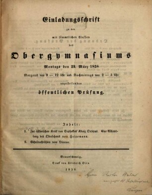 Zur ästhetischen Kritik von Sophokles' König Oedipus : Einladungsschr. zu d. mit sämmtl. Classen d. Obergymnasiums ... anzustellenden Prüfung