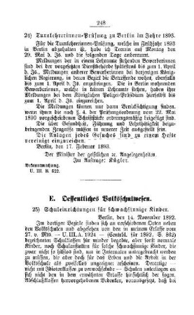 Schuleinrichtungen für schwachsinnige Kinder : [E. Oeffentliches Volksschulwesen]