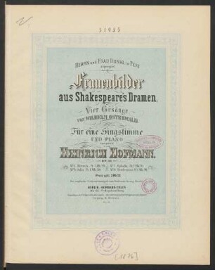 Frauenbilder aus Shakespeare's Dramen : vier Gesänge von Wilhelm Osterwald für eine Singstimme und Piano : op. 33