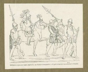 Hellebardier, Hauptmann zu Pferd, Musketier, Hellebardier und Musketier, jeweils in leichter Panzerung bei der Schlacht von Cerisolles 1544, Seitenansicht