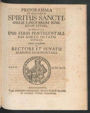 Programma In Honorem Spiritus Sancti, Specie Linguarum Ignearum Effusi : Ex Actor. II. 3. 4.
