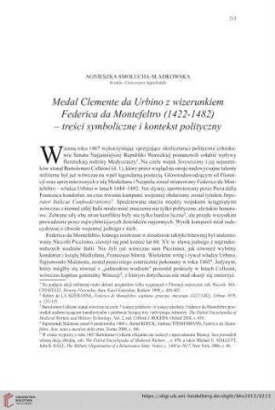 75: Medal Clemente da Urbino z wizerunkiem Federica da Montefeltro (1422-1482) - treúci symboliczne i kontekst polityczny