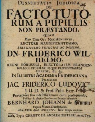 Dissertatio Juridica De Facto Tutorum A Pupillis Non Praestando