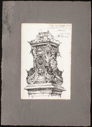 Reiseskizzen aus Bayern, Österreich und Italien: München: Brunnensockel in der Wittelsbacher Residenz (Perspektivische Ansicht)