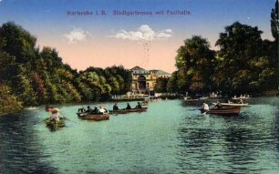 Postkartenalbum. "Karlsruhe i. B. - Stadtgartensee mit Festhalle". Stadtgartensee