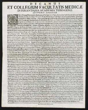 Decanus Et Collegium Facultatis Medicae In Perantiqua Academia Tubingensi. Lecturis Salutem!