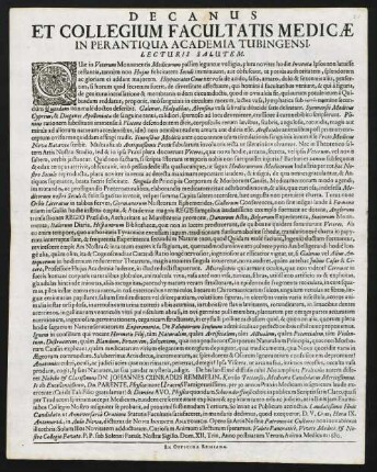 Decanus Et Collegium Facultatis Medicae In Perantiqua Academia Tubingensi. Lecturis Salutem!