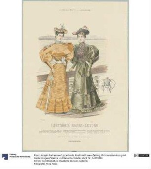 Illustrirte Frauen-Zeitung: Promenaden-Anzug mit breiter Kragen-Pelerine und Besuchs-Toilette