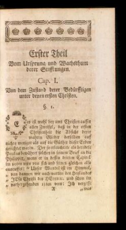 Erster Theil. Vom Ursprung und Wachsthum derer Stifftungen