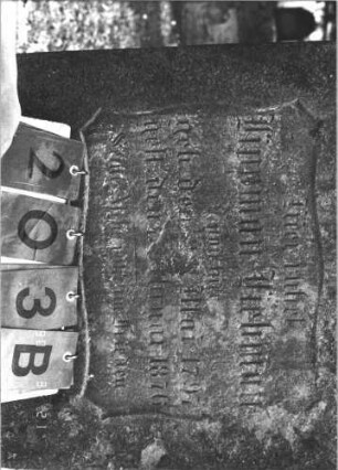 Grabstein 203 (Index: 100009110) Zustand: Rückseite: Mitte zum Teil abgebröckelt Maße HxBxT: 110x56x13 cm: Grabstein 203B