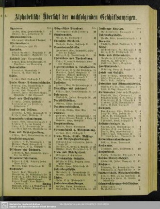 Alphabetische Übersicht der nachfolgenden Geschäftsanzeigen