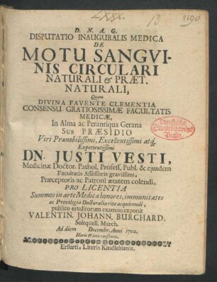 Disputatio Inauguralis Medica De Motu Sanguinis Circulari Naturali & Praet. Naturali