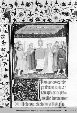Missale Romanum cum Calendario : Textseite mit Randseitenbordüre, Initiale C (?) und Miniatur: Prozession