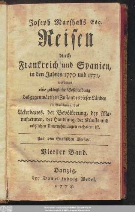 Vierter Band: Travels through France and Spain, in the years 1770 and 1771