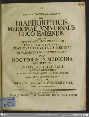 Specimen Inaugurale Medicum De Diaphoreticis Medicinae Universalis Loco Habendis