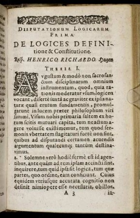 Disputationum Logicarum Prima De Logices Definitione & Constitutione