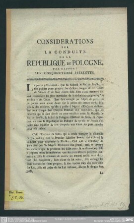 Considérations Sur La Conduite De La Republique De Pologne, Par Rapport Aux Conjonctures Presentes