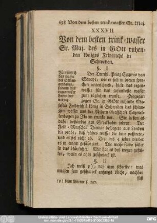 XXXVII Von dem besten trink-wasser Sr. Maj. des in Gott ruhenden königes Friderichs in Schweden.