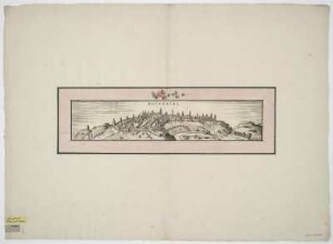 Vogelschauansicht von Rothenburg, Radierung, um 1572 : [Rotenburg] : Rotenbvrg / [Stecher: Franz Hogenberg. Hrsg.: Georg Braun]. - [Coloniae Agrippiae] : [Auctores] , [um 1572]. - 1 Ansicht : Radierung ; 46 x 10 cm