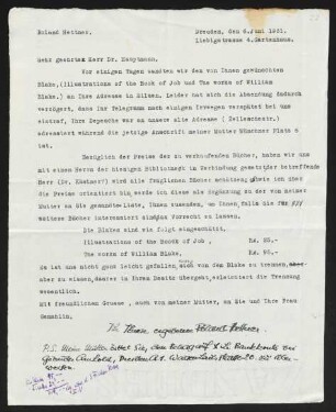 Brief von Roland Hettner an Gerhart Hauptmann