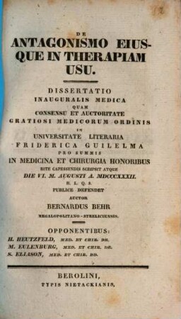De antagonismo eiusque in therapiam usu : Diss. inaug. med.