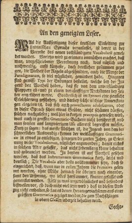 An den geneigten Leser.