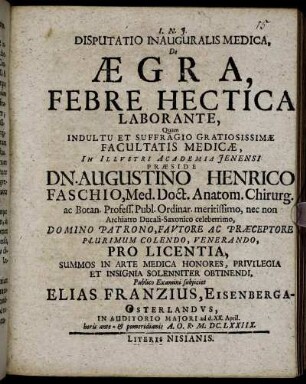 Disputatio Inauguralis Medica, De Aegra, Febre Hectica Laborante