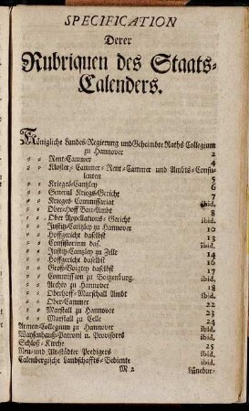 Specification Derer Rubriquen des Staats-Calenders.