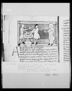 Ms 9916-17, Gregorius Magnus, Dialogi, fol. 103v: Wunderbare Ölvermehrung durch den Priester Sanctulus