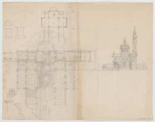 Thiersch, August ; Augsburg (Bayern); Kirche, Projekt - Grundriss, Teilgrundriss, Ansicht