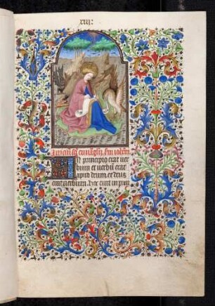 Bordüren-Miniatur-Seite: (Perikope aus dem Johannesevangelium) Johannes auf Patmos; Zierinitiale: I(n principio erat verbum)