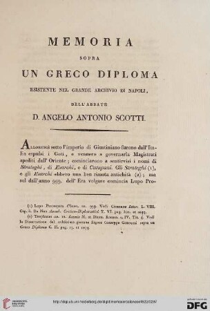 1: Memoria sopra un greco diploma esistente nel grande archivio di Napoli