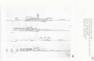 Städtebauliche Planung Rathaus Steglitz, Berlin-Steglitz (Diplomarbeit bei Willy Kreuer): Ansichten von Nordwesten, Nordosten und Schnitte