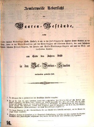 Ämterweise Übersicht der Waarenbestände, welche in jeder einzelnen Niederlage, sowie in den Zollagern bei einzelnen Hauptämtern an der Grenze ... am Ende des Jahres in den Zollvereinsstaaten vorhanden gewesen sind. 1849