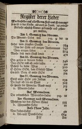 Register derer Lieder Wie dieselbe auf alle Sonn-Fest- und Feyertage so wohl in der Kirche, als auch zu Hause [...]