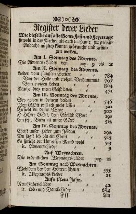 Register derer Lieder Wie dieselbe auf alle Sonn-Fest- und Feyertage so wohl in der Kirche, als auch zu Hause [...]