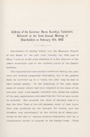 Address of the Governor, Baron Korekiyo Takahasi, delivered at the Semi-Annual Meeting of Shareholders on February 17th, 1912