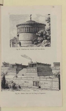 [Fig. 97.-98. Rundbau der Arsinoë auf Samothrake und großer Altar auf der Burg in Pergamon]