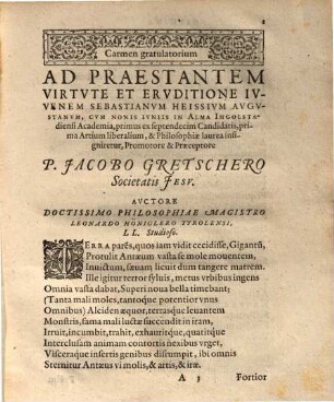 Carmina Gratulationis Ergo A Variis Auctoribus inscripta Virtute Et Eruditione Ornatissimis Iuvenibus, Philosophiae Studiosis, cùm Nonis Iunii M.D.XC. in Catholica et celebri Ingolstadiensi Academia Artium liberalium & Philosophiae prima laurea publicè condecorarentur