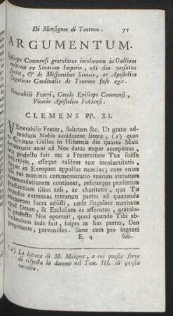 Argumentum. Episcopo Cononensi gratulatur incolumem in Galliam reditum ex Sinarum Imperio, ... Venerabili Frati, Carolo Episcopo Conensi, ... Clemens PP. XI.